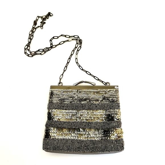 Gold Sequin Evening Bag, Beaded Clutch, Taupe Fabric, Chain Strap, 5 x 6 - Picture 2 of 9